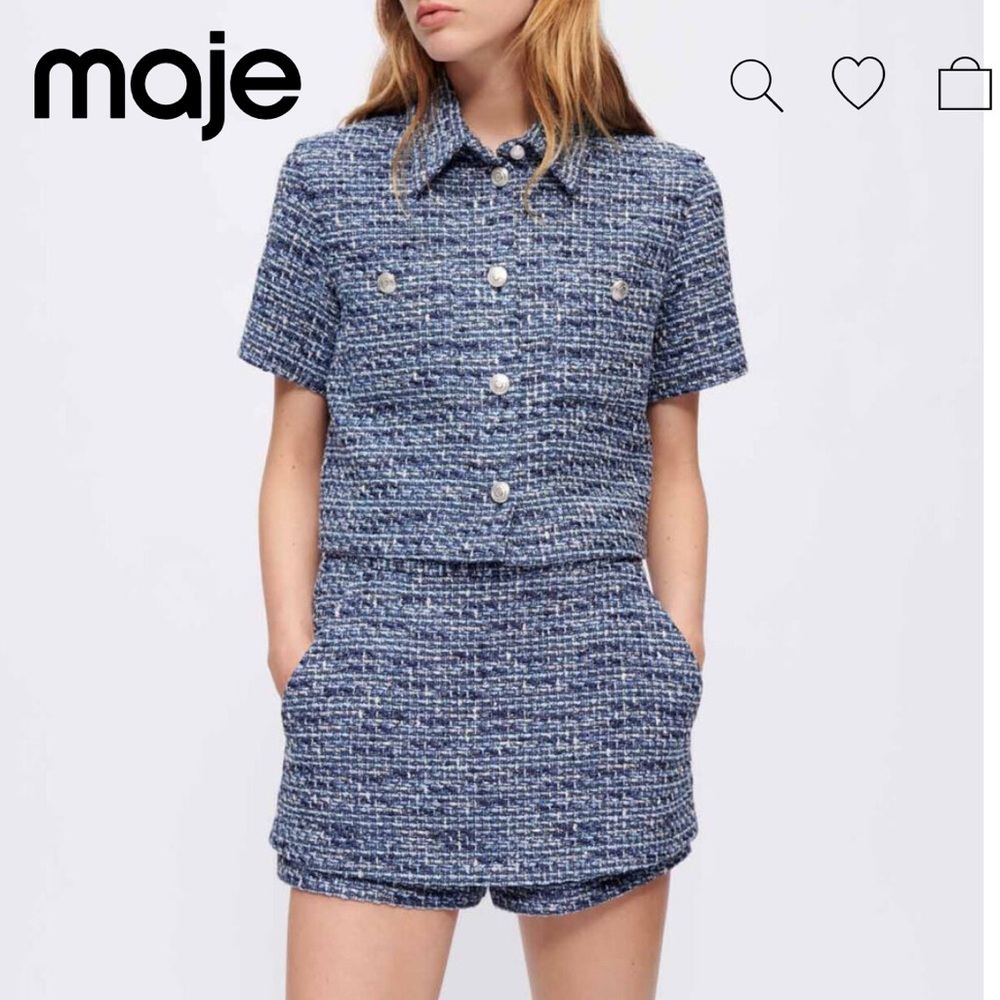 Maje Marl tweed shirt and skort set blue